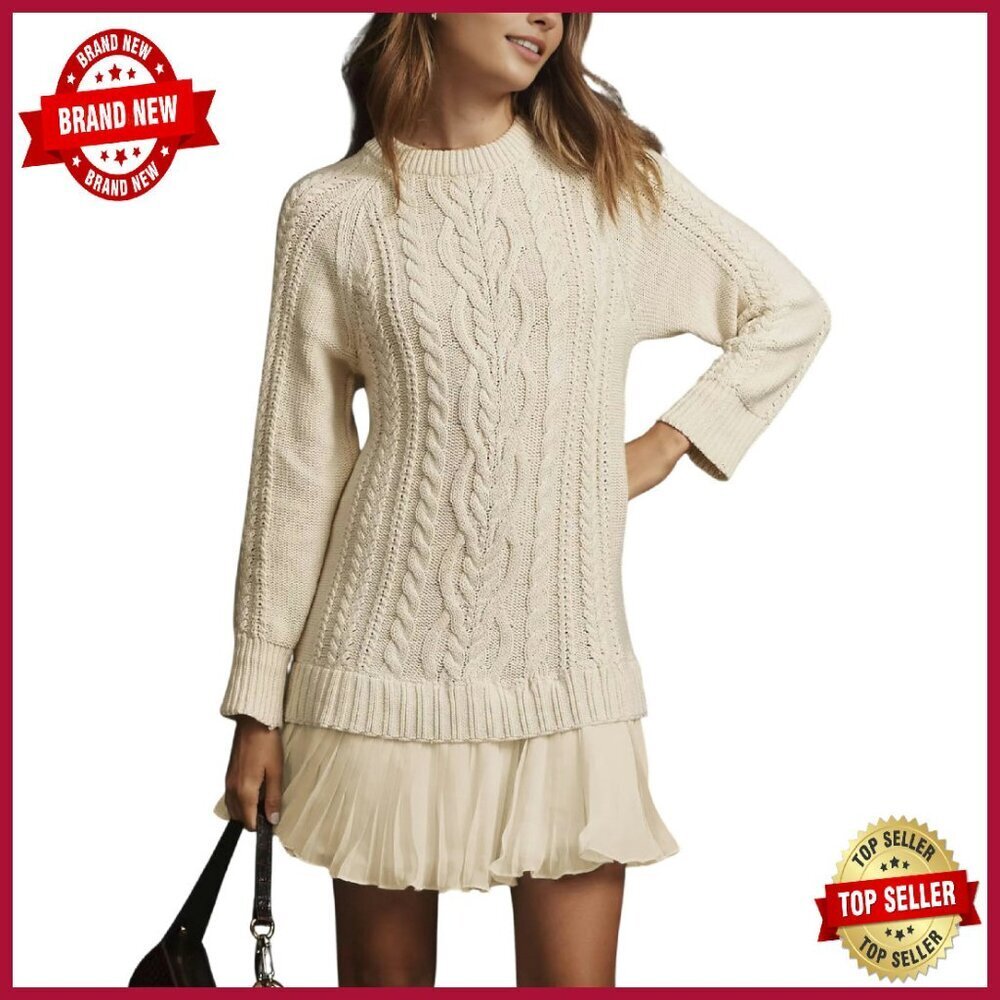 Cable Knit Sweater Dress Long Sleeve Crewneck A-Line Mini